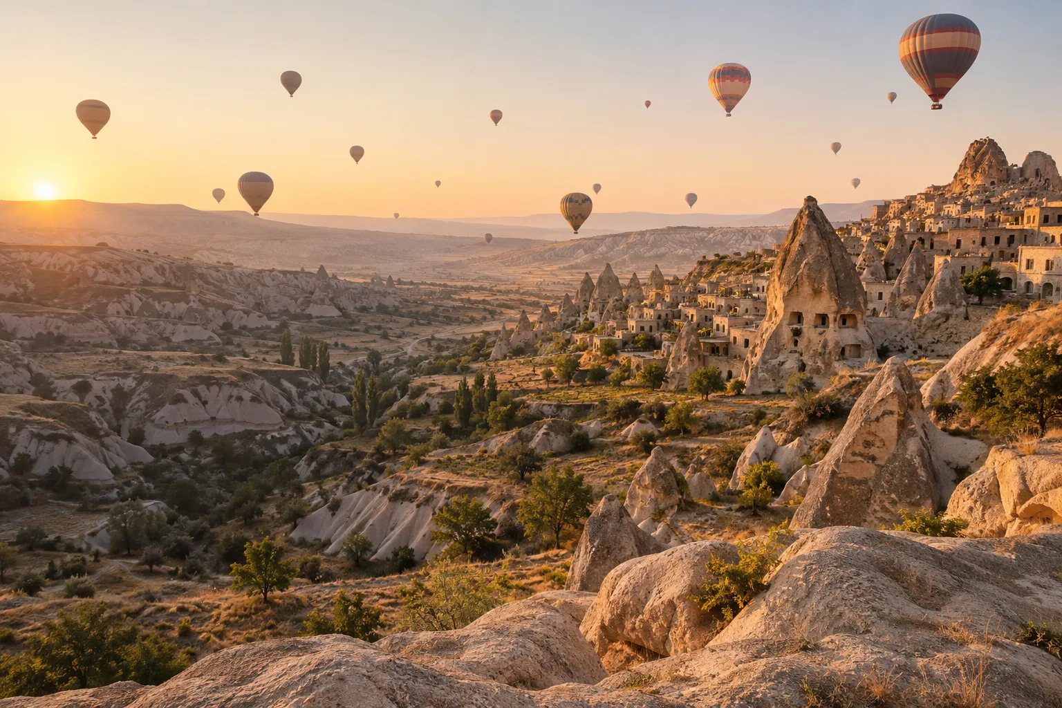 Imagen ilustrativa de globos sobre un paisaje inspirado en Capadocia al amanecer