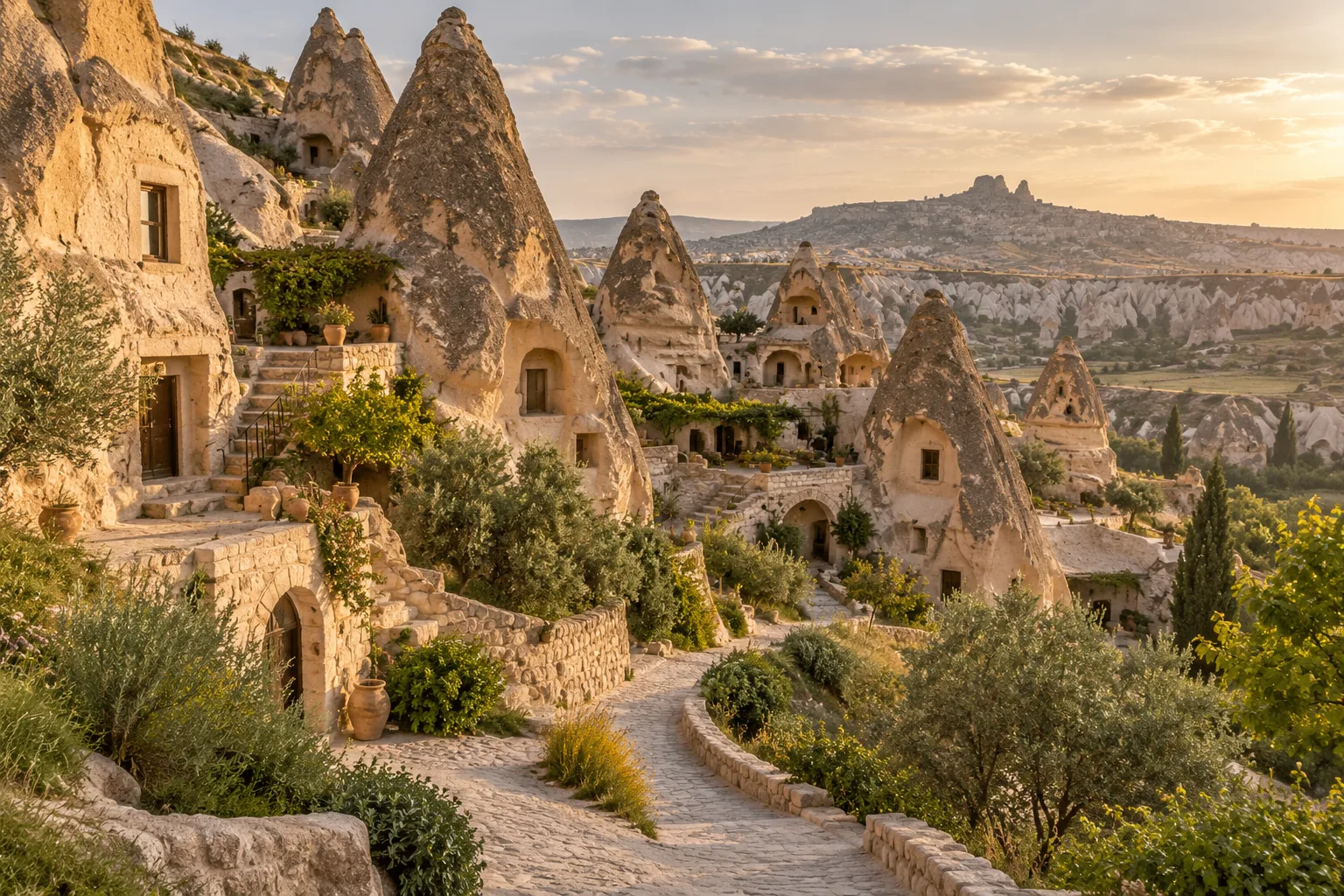 Ilustración de un pueblo de Capadocia entre formaciones de piedra